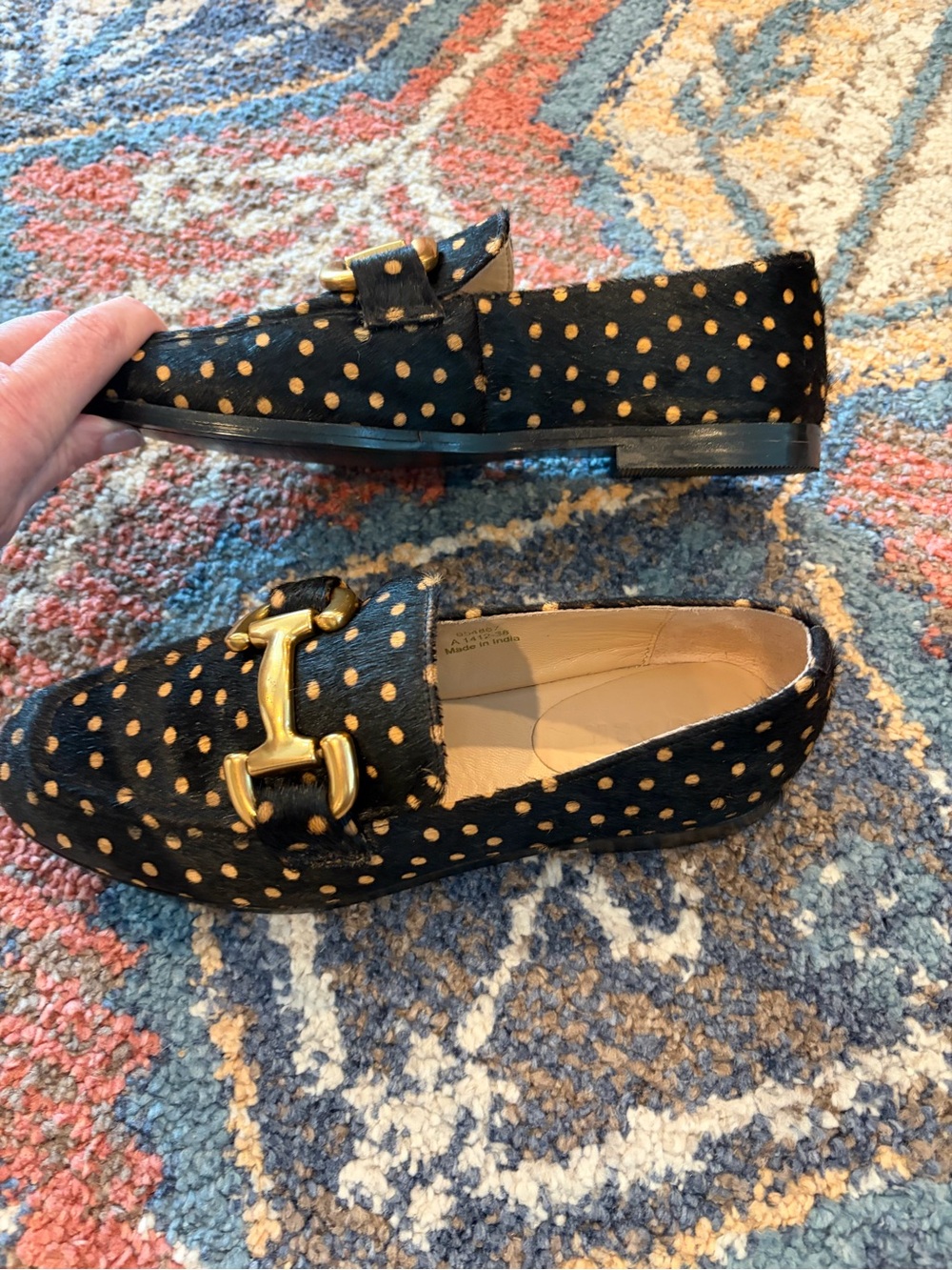 Like New! Boden Black Gold Buckle Calf Hair Snaffle Loafers sz 7 US/ 38 EU - Picture 2 of 8
